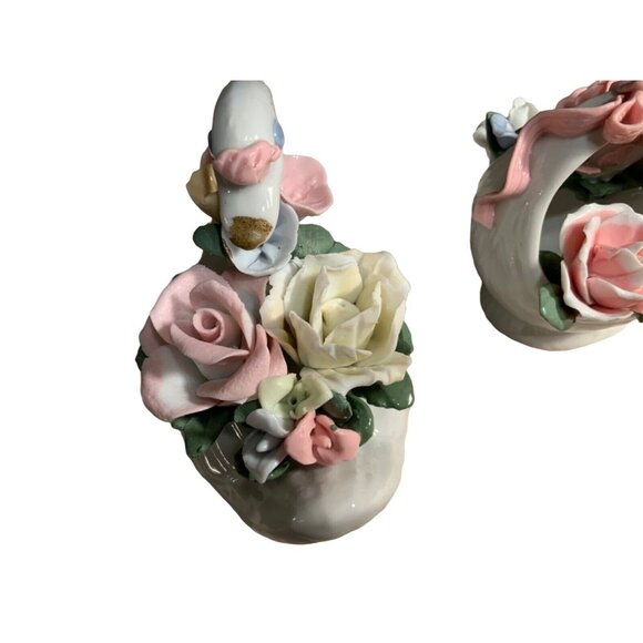 Vintage Porcelain Swan & Basket Figurines With Florals - Picture 12 of 15